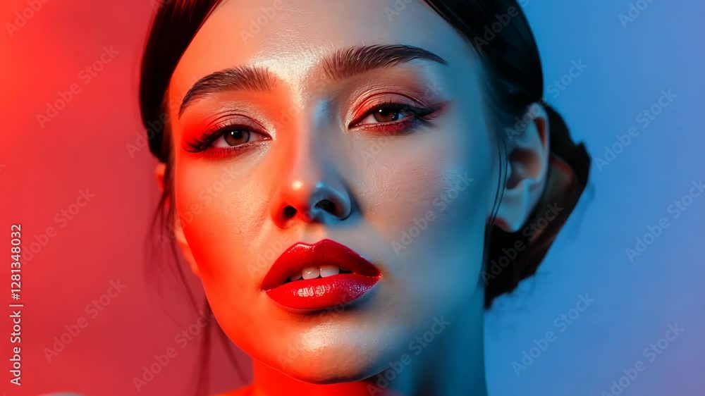 Beauty portrait with dramatic lighting showcasing a model's striking features in a vibrant setting Beauty portrait with dramatic lighting showcasing a model's striking features in a vibrant setting