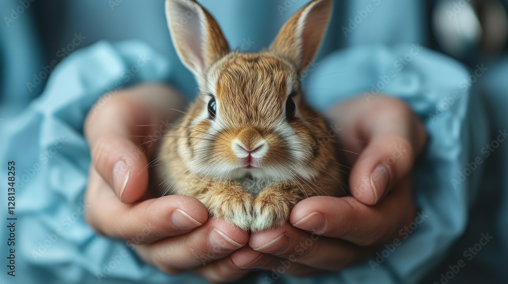 A small rabbit rests comfortably in cupped hands, symbolizing love and care A small rabbit rests comfortably in cupped hands, symbolizing love and care