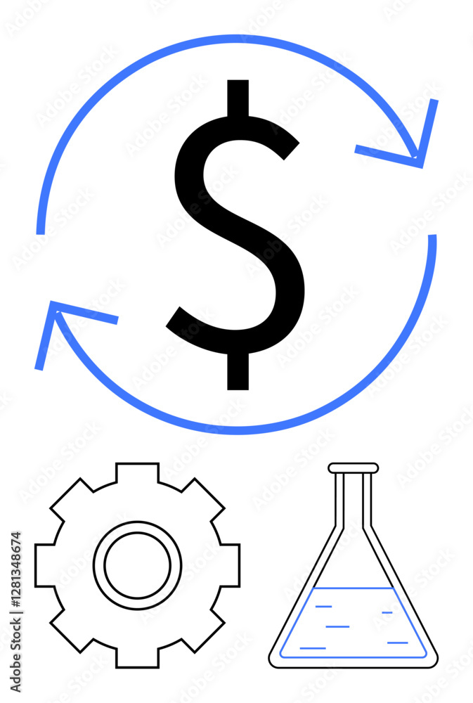 Dollar sign with circular arrows, gear, and lab flask representing sustainable technology, research, and economic growth. Ideal for innovation, business, research, development sustainability Dollar sign with circular arrows, gear, and lab flask representing sustainable technology, research, and economic growth. Ideal for innovation, business, research, development sustainability