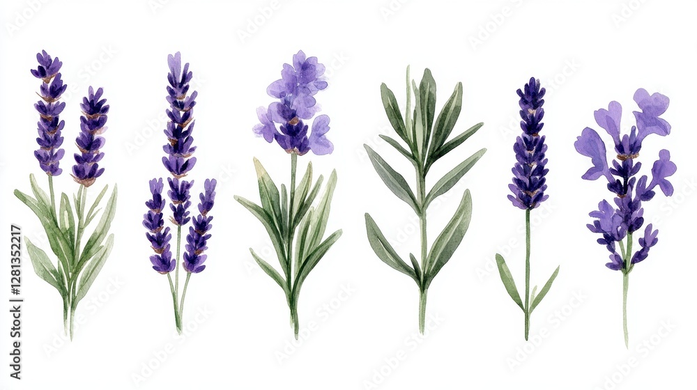 Watercolor lavender botanical illustration on white backdrop showcasing delicate floral arrangement and artistic botanical style Watercolor lavender botanical illustration on white backdrop showcasing delicate floral arrangement and artistic botanical style