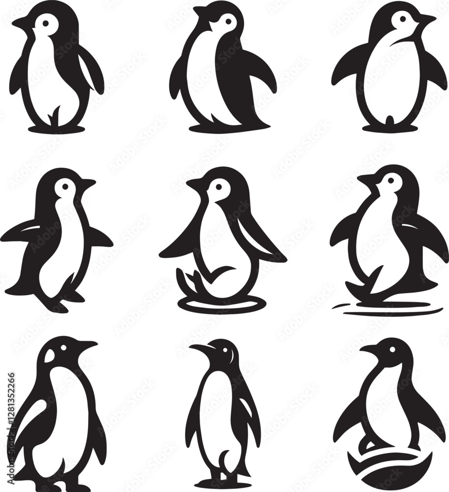 Obraz premium A set of penguin logos, black and white shapes, animal logos, and icons, penguin silhouette design