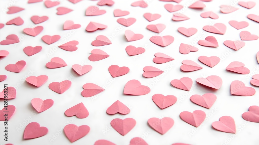 Pink Paper Hearts Scattered on White Background