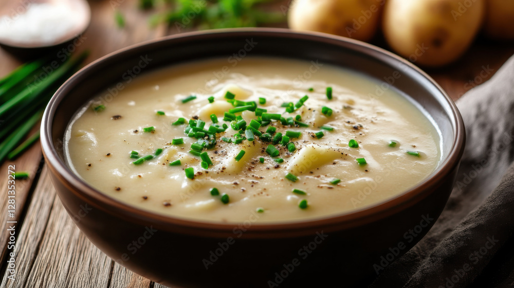 bowl of creamy potato soup garnished with chives, perfect for comfort bowl of creamy potato soup garnished with chives, perfect for comfort