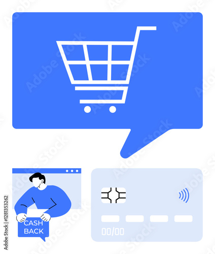 Shopping cart in speech bubble, person holding cashback offer, and payment card with contactless icon. Ideal for e-commerce, shopping, cashback, payments, technology, digital retail abstract line