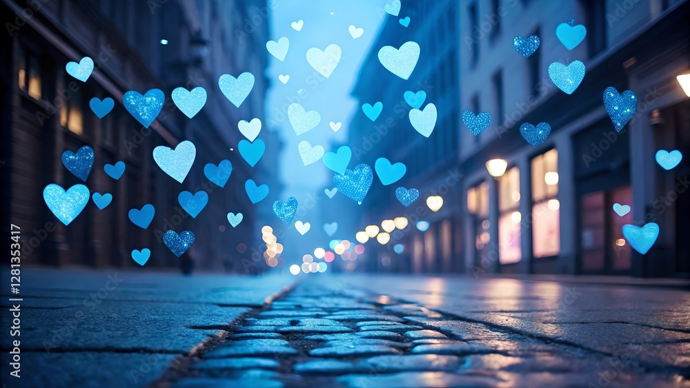 Blue Hearts Romantic Valentine Night Cityscape