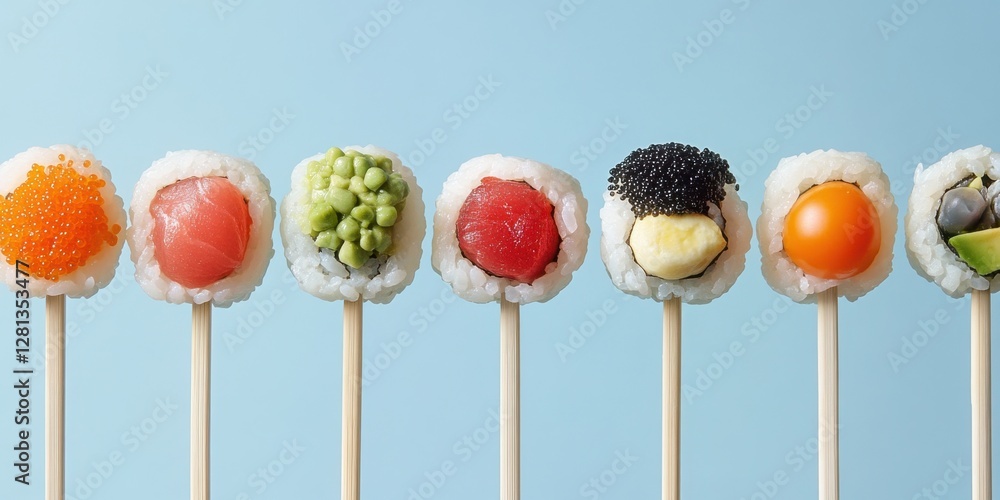 Colorful Sushi Rolls on Wooden Sticks with Vibrant Ingredients Set Against a Light Blue Background for Culinary Art and Gastronomy Representation Colorful Sushi Rolls on Wooden Sticks with Vibrant Ingredients Set Against a Light Blue Background for Culinary Art and Gastronomy Representation