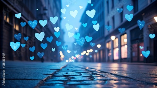 Blue Hearts Romantic Valentine Night Cityscape