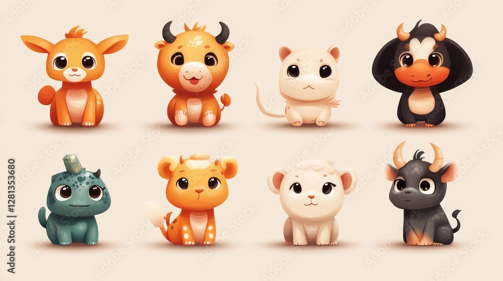 Fototapeta premium Zodiac Emojis Chinese zodiac animals with expressions. 