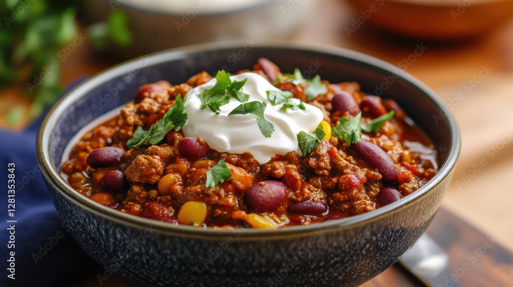 bowl of hearty chili con carne topped with sour cream and fresh herbs, perfect for comforting meal bowl of hearty chili con carne topped with sour cream and fresh herbs, perfect for comforting meal