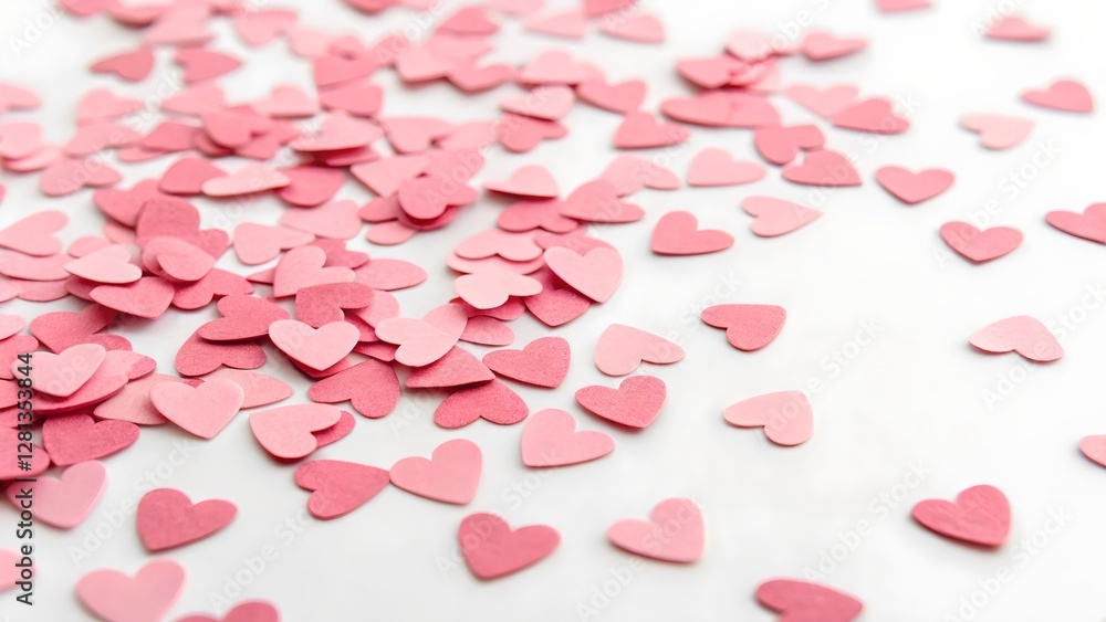Pink Heart Confetti Scattered on White Background