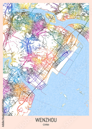 Wenzhou China City Map, downtown tourism, house art travel, scenic metropolis concept, travel art city, patriotic abstract banner