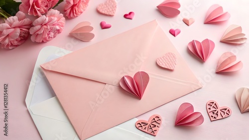 Romantic Pink Envelope with Paper Hearts Valentines Day Background