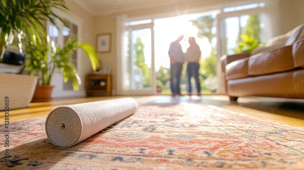 Excited Couple Unrolling Rug in New Living Room - Fresh Start and Home Ownership Concept