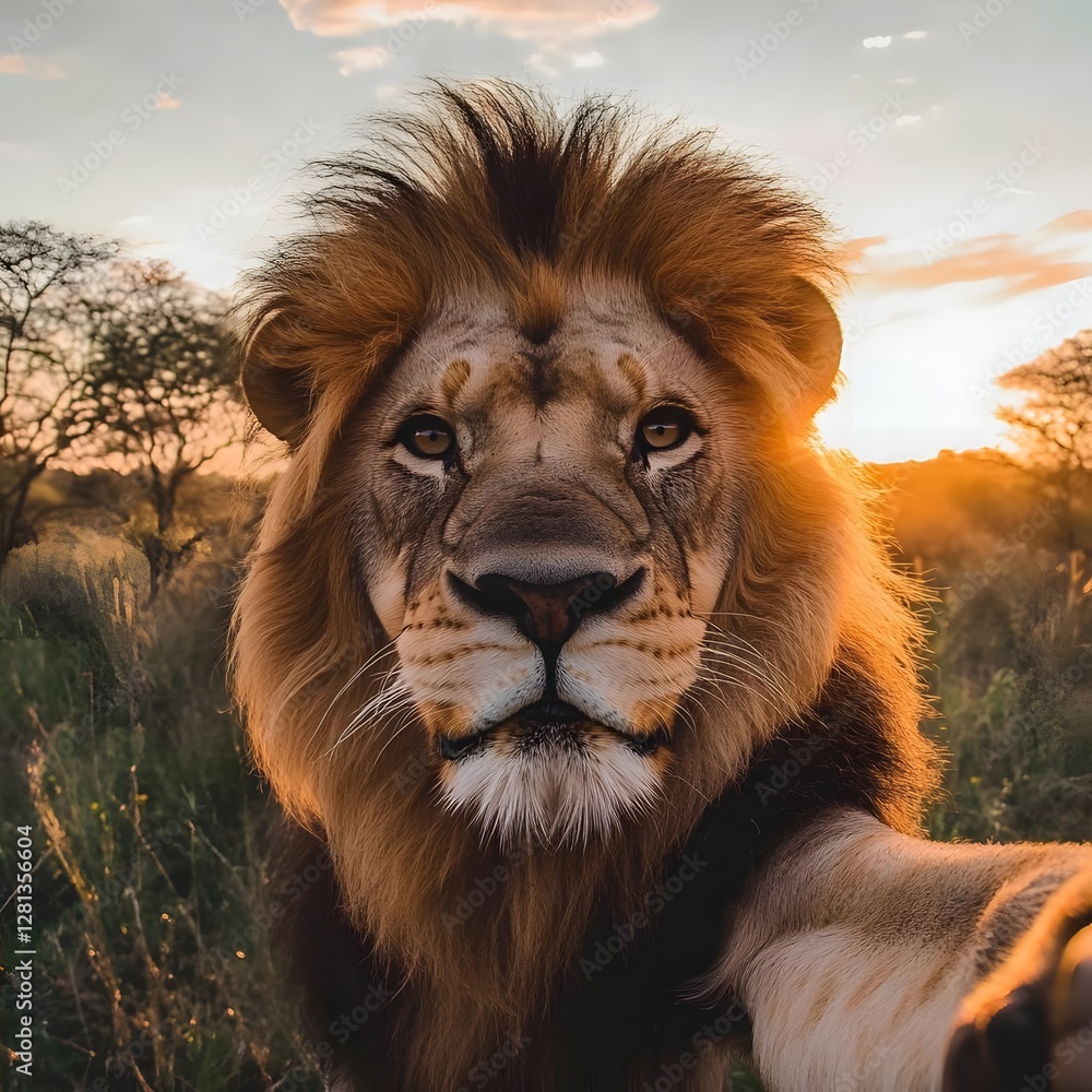 Naklejka premium Majestic lion posing for a close-up selfie during sunset in the African savannah, showcasing nature's beauty