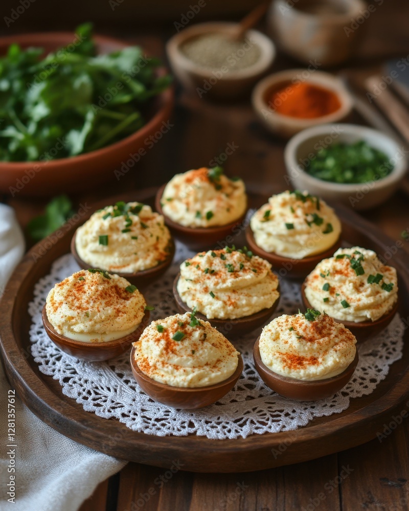 Appetizing deviled eggs garnished with paprika and chives on a wooden tray rustic kitchen setting culinary delight food photography delicious snack Appetizing deviled eggs garnished with paprika and chives on a wooden tray rustic kitchen setting culinary delight food photography delicious snack