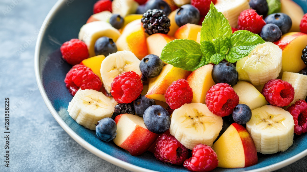 Fresh fruit salad with apples, bananas, berries, and mint leaves Fresh fruit salad with apples, bananas, berries, and mint leaves