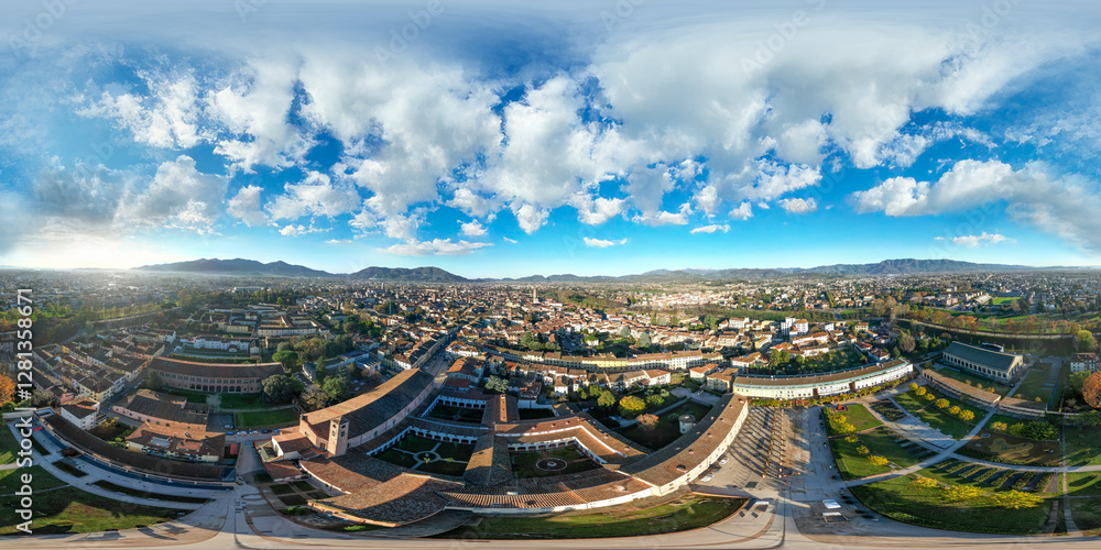 Full spherical 360-degree aerial panorama of Lucca, Italy with historic city walls and rooftops