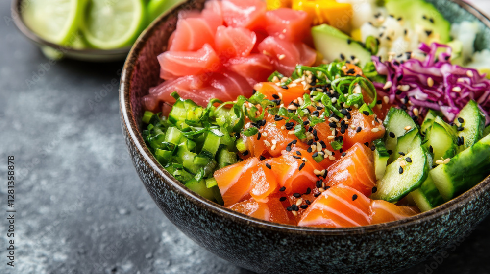 vibrant poke bowl filled with fresh fish, vegetables, and garnishes, showcasing colorful array of ingredients vibrant poke bowl filled with fresh fish, vegetables, and garnishes, showcasing colorful array of ingredients
