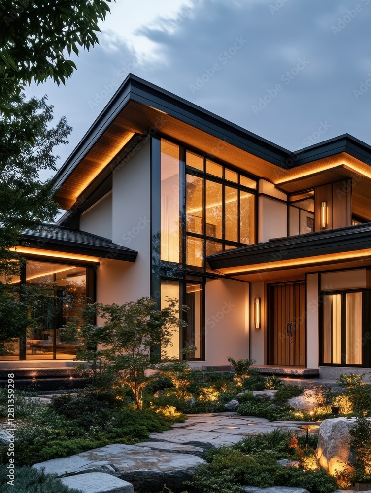Fototapeta premium Modern house at dusk with beautiful lighting