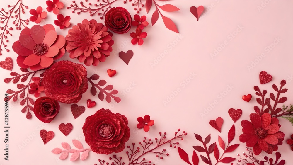 Romantic Red Paper Flowers and Hearts Valentine Background