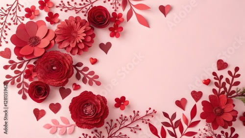 Romantic Red Paper Flowers and Hearts Valentine Background
