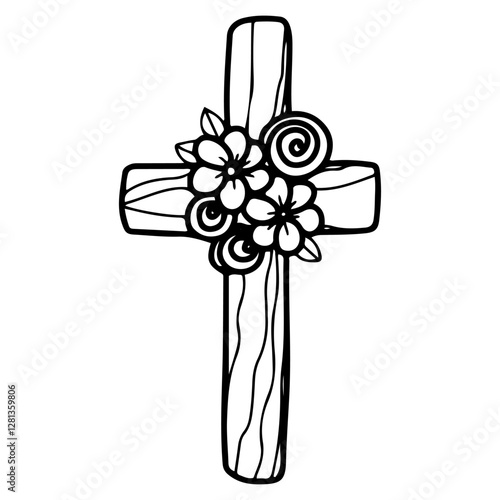 Wooden Christian cross with flowers. Hand drawn doodle. Easter celebration. Symbol of Jesus sacrifice. Religious traditional element. Vector line art illustration.