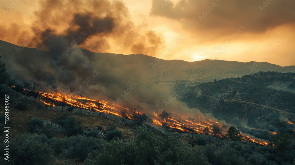 Fototapeta premium dramatic wildfire engulfing hillside, with smoke and flames rising against sunset backdrop