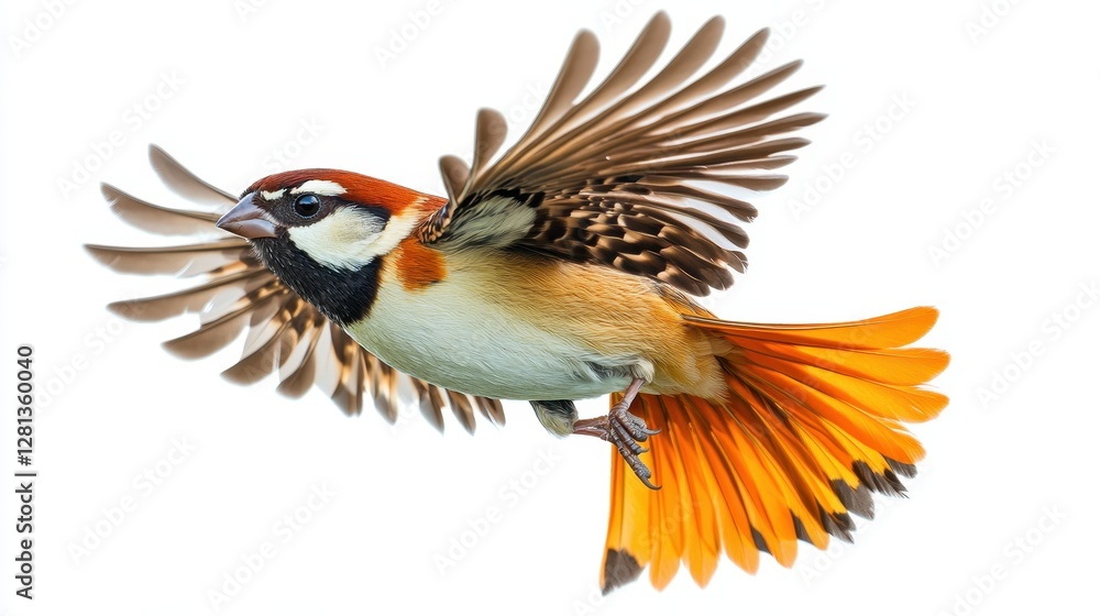 Obraz premium Adorable Eurasian Tree Sparrow in Flight Isolated on Crisp White Background