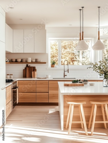 A bright and minimalist kitchen showing wood and white