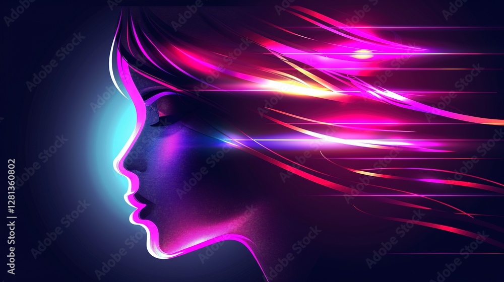 Obraz premium Futuristic technology concept featuring glowing digital elements, abstract shapes, and neon colors, embodying a cyberpunk style with a high-tech and innovative theme