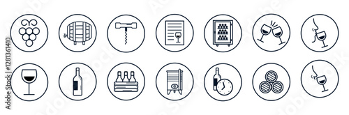 Set of pictograms around wine - Bubbles to illustrate grapes, barrel, bottle, wine cellar, corkscrew, vat, seal, leaf or cork - Editable vector - for wine merchant, harvester, oenologiste - Alcool