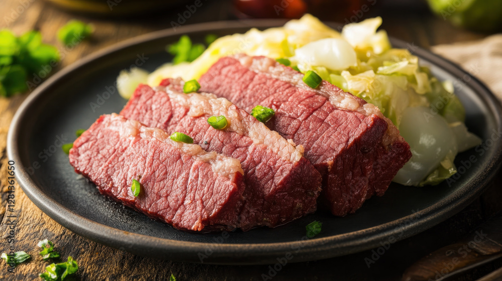 hearty plate of corned beef served with cabbage, garnished with green onions, evokes comforting and satisfying meal experience hearty plate of corned beef served with cabbage, garnished with green onions, evokes comforting and satisfying meal experience