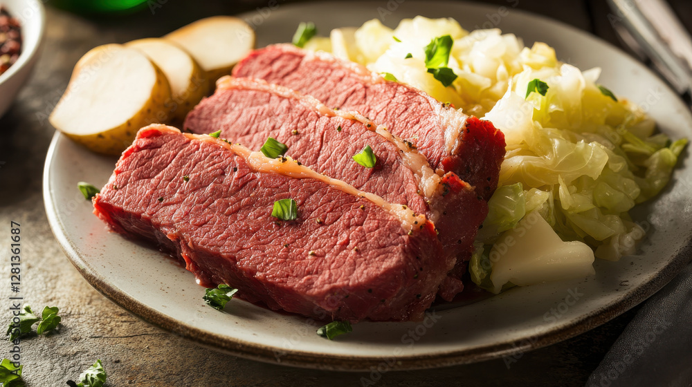 hearty plate of corned beef served with cabbage and potatoes, showcasing delicious meal hearty plate of corned beef served with cabbage and potatoes, showcasing delicious meal
