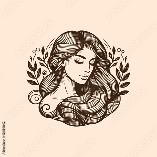 Natural beauty woman long hair vintage logo for salon or cosmetic product with line art style. Line art floral women logo design. creative vintage editable vector illustration.	 beautiful girl icon