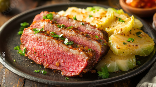 hearty plate of corned beef served with cabbage and potatoes, garnished with fresh herbs
