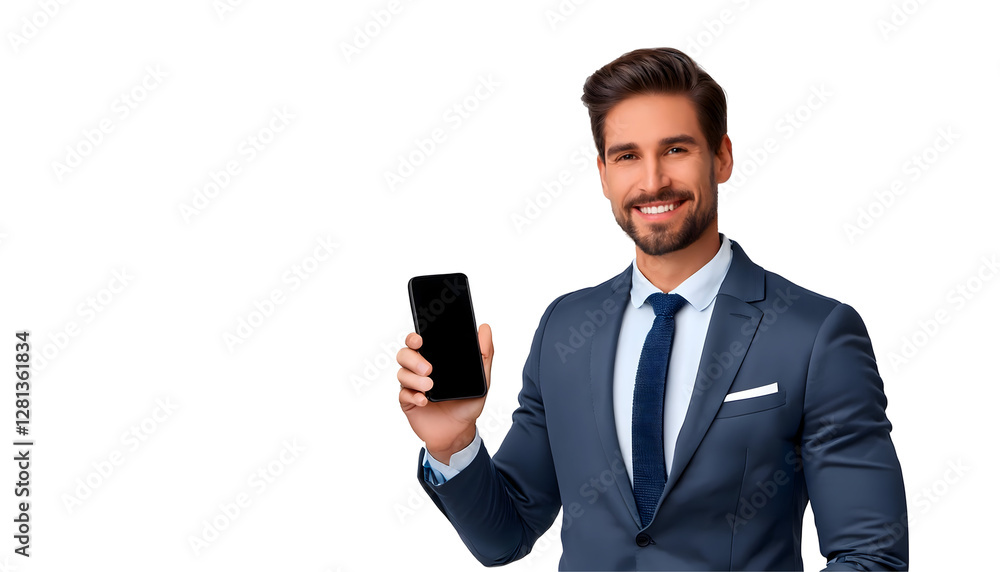 Portrait of a smiling businessman holding a phone isolated on white background Portrait of a smiling businessman holding a phone isolated on white background