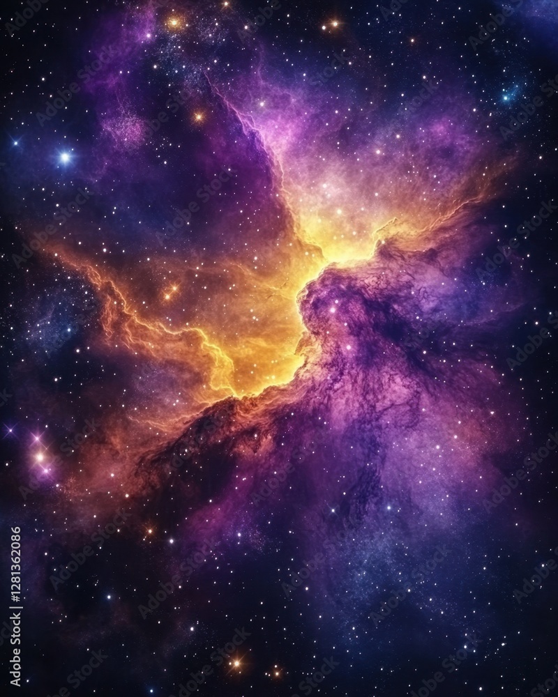 Obraz premium Ethereal cosmic nebula with radiant golden core amidst swirling purple and blue clouds of interstellar dust and twinkling stars