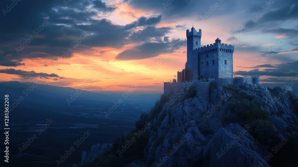 Castle perched on a rocky outcrop against a twilight sky Castle perched on a rocky outcrop against a twilight sky