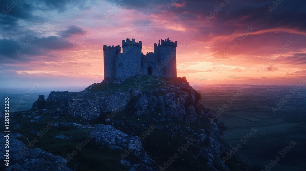Castle Perched on a Rocky Outcrop against a Twilight Sky Castle Perched on a Rocky Outcrop against a Twilight Sky
