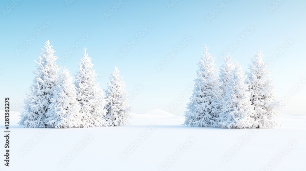 Snowy winter landscape, two groups of snow-covered fir trees on a vast white plain under a clear blue sky; ideal for winter holiday cards Snowy winter landscape, two groups of snow-covered fir trees on a vast white plain under a clear blue sky; ideal for winter holiday cards