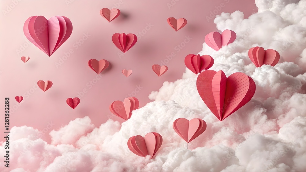 Pink Paper Hearts Floating in Clouds Valentine's Day Scene