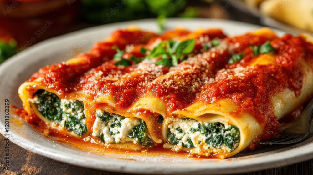 plate of cannelloni stuffed with ricotta and spinach, topped with rich tomato sauce and herbs, evokes comforting and delicious meal plate of cannelloni stuffed with ricotta and spinach, topped with rich tomato sauce and herbs, evokes comforting and delicious meal