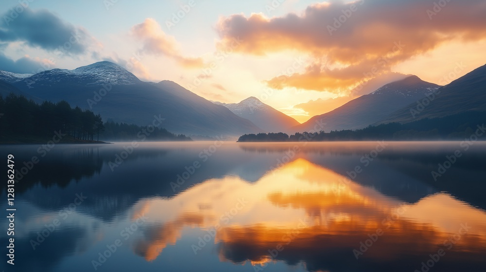 Fototapeta premium A peaceful loch reflecting the mountains and sky at sunrise
