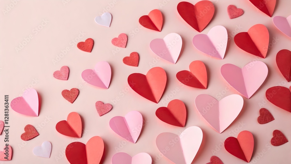 Romantic Pink and Red Paper Hearts Valentine Background