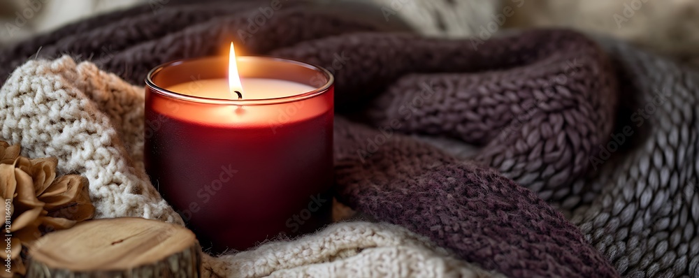 A rich burgundy candle glowing amidst cozy wool blankets and warm wooden accents