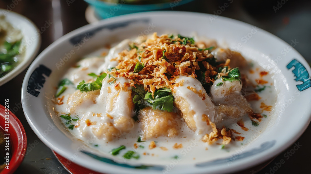 delicious plate of kluay buat chi featuring coconut sauce, topped with crispy shallots and fresh herbs, perfect for sweet treat delicious plate of kluay buat chi featuring coconut sauce, topped with crispy shallots and fresh herbs, perfect for sweet treat
