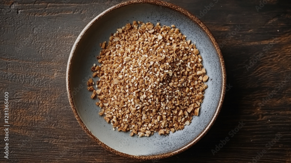 bowl of finely ground sesame seeds on wooden surface, showcasing texture and color bowl of finely ground sesame seeds on wooden surface, showcasing texture and color