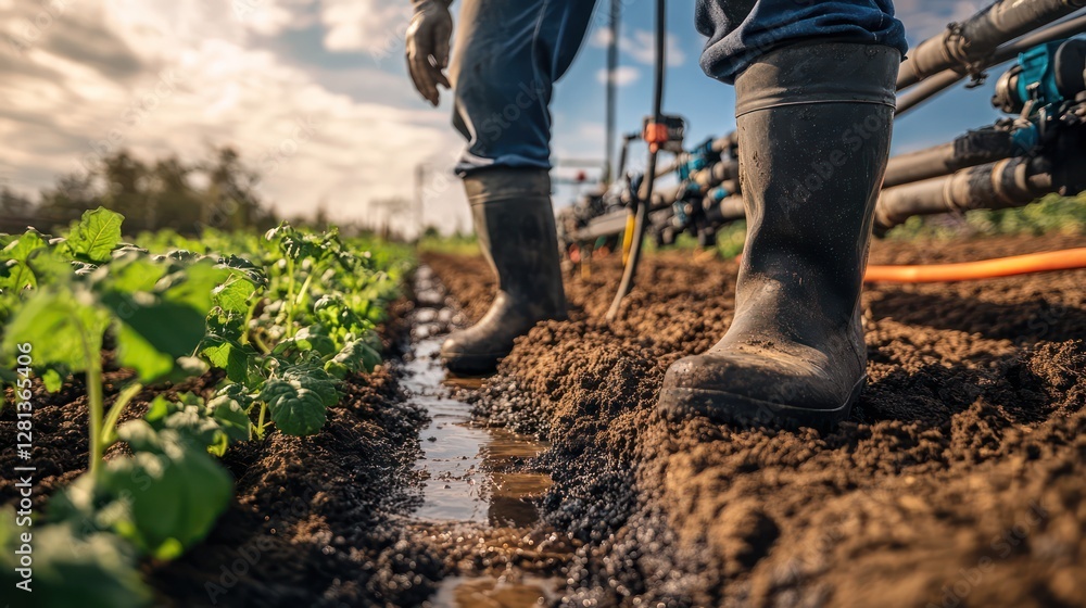 A man connects water pipes on a farm, surrounded by soil and growing vegetables, demonstrating precision in agricultural irrigation. A man connects water pipes on a farm, surrounded by soil and growing vegetables, demonstrating precision in agricultural irrigation.