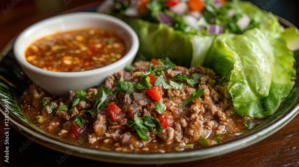 plate of larb served with fresh lettuce wraps and spicy dipping sauce, showcasing vibrant colors and textures plate of larb served with fresh lettuce wraps and spicy dipping sauce, showcasing vibrant colors and textures