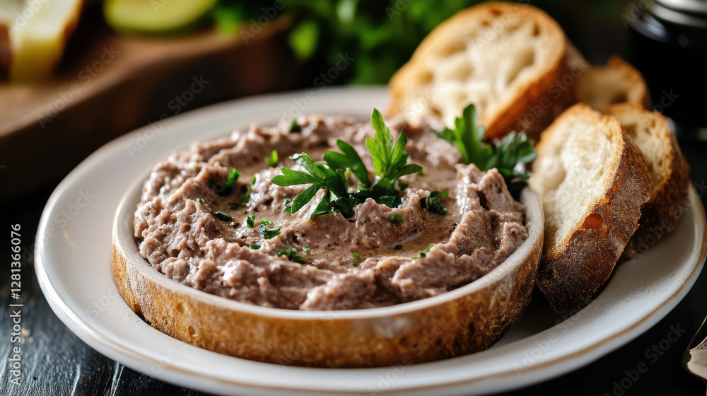 plate of liver pâte served with crusty bread and fresh herbs, creating delicious and inviting meal plate of liver pâte served with crusty bread and fresh herbs, creating delicious and inviting meal